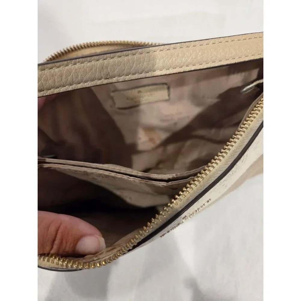 Kate Spade Leila Colorblock Triple Gusset Crossbody Leather Purse Bag Beige Flaw
